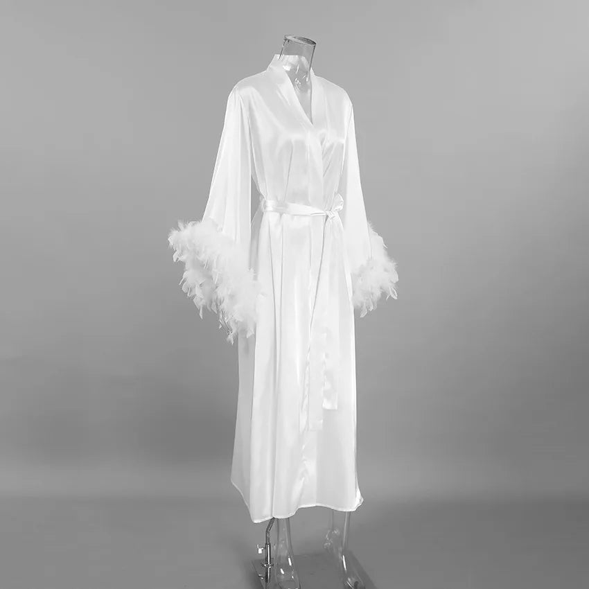 Women's Luxury Silk Feather Boudoir Robe – Long Bridal Kimono Maxi Dress - Harmony Haven - Essentials
