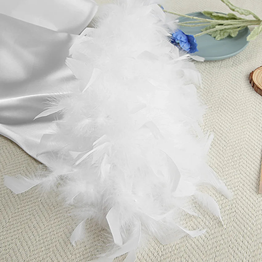 Women's Luxury Silk Feather Boudoir Robe – Long Bridal Kimono Maxi Dress - Harmony Haven - Essentials
