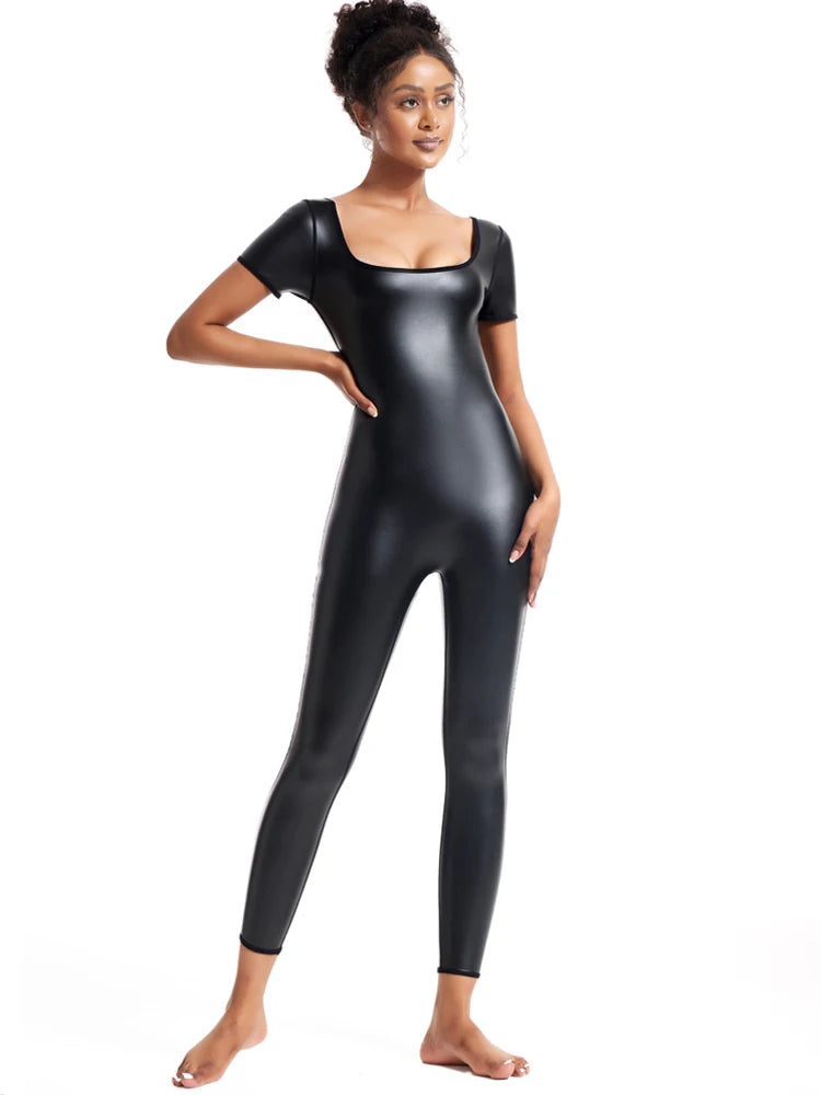 Women's Premium Faux Leather Full-Body Bodysuit – Sleek U-Neck Sleeveless Jumpsuit - Harmony Haven - Essentials