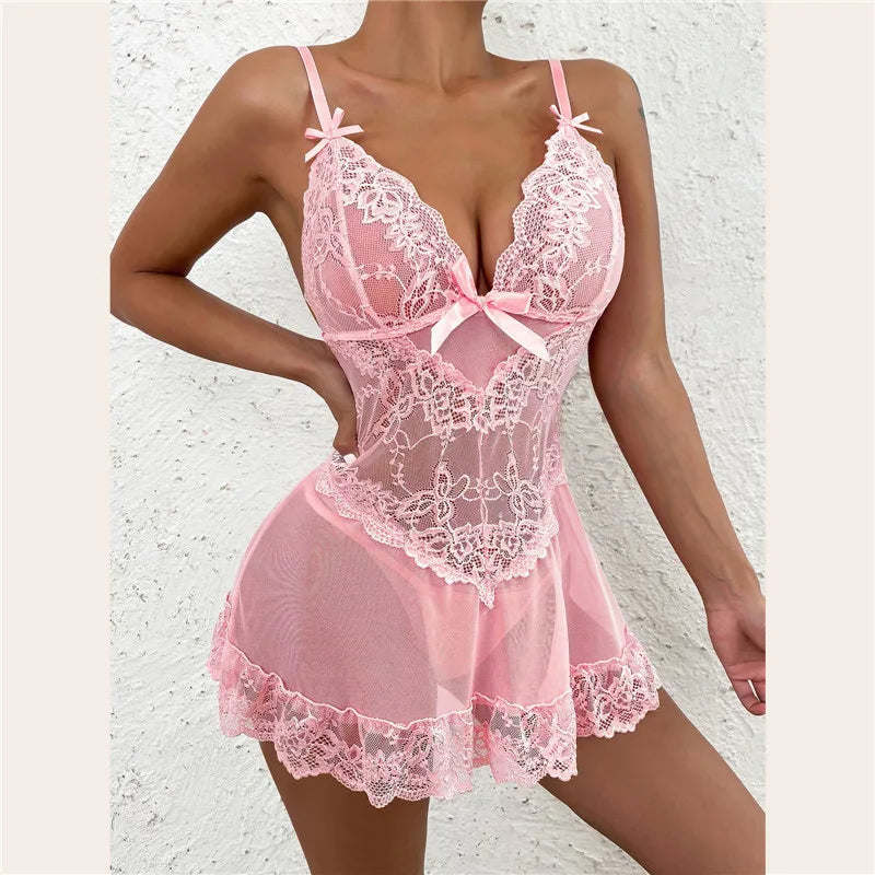Women's Romantic Lace Babydoll Dress – Sheer Mesh Lingerie Nightwear - Harmony Haven - Essentials