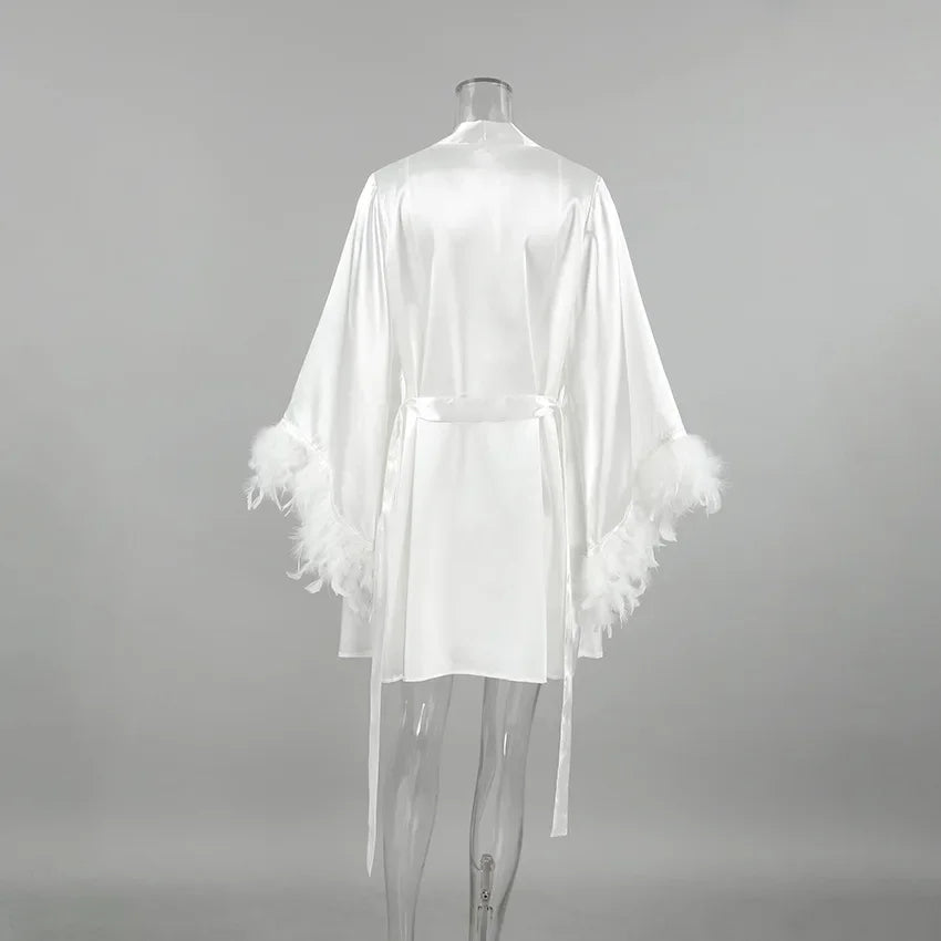 Women's Elegant Satin Bridal Morning Robe – Sheer Lace Accented Kimono Nightwear - Harmony Haven - Essentials