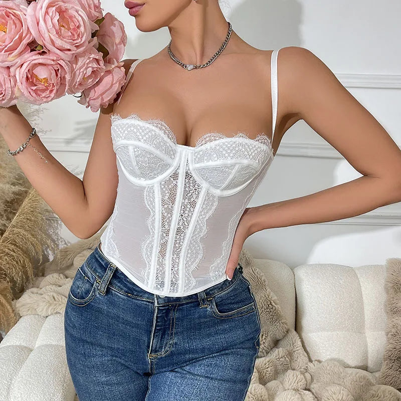 Women's Sheer Mesh Corset Top – Lace Trimmed Spaghetti Strap Bustier Cami - Harmony Haven - Essentials