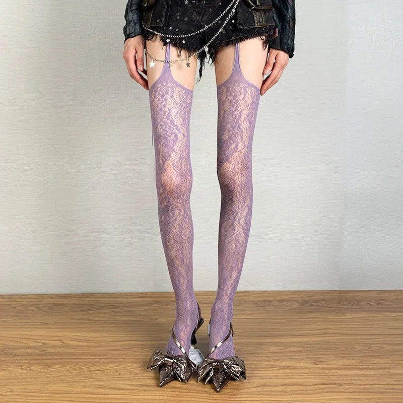 Women's Floral Mesh Fishnet Tights – Elegant Purple Sheer Stockings - Harmony Haven - Essentials