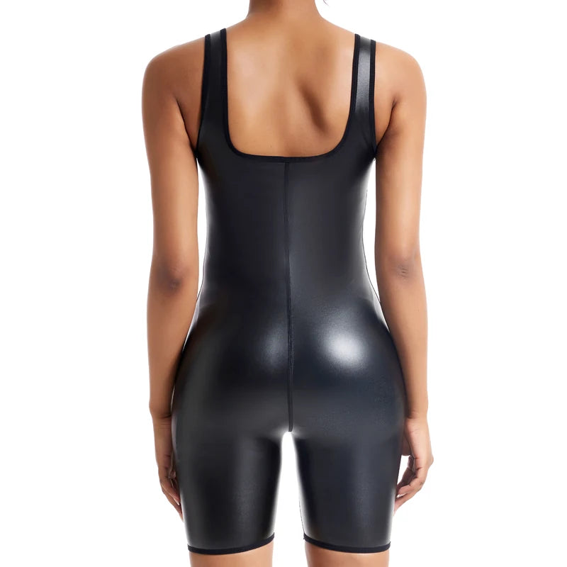Women's Premium Faux Leather Full-Body Bodysuit – Sleek U-Neck Sleeveless Jumpsuit - Harmony Haven - Essentials