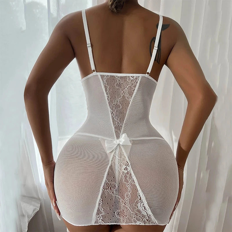 Women's Plus Size Sheer Lace Babydoll Nightgown – Elegant V-Neck Mini Dress - Harmony Haven - Essentials