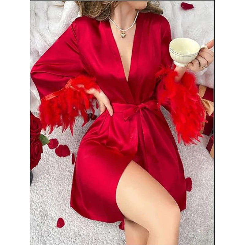 Women's Elegant Satin Bridal Morning Robe – Sheer Lace Accented Kimono Nightwear - Harmony Haven - Essentials