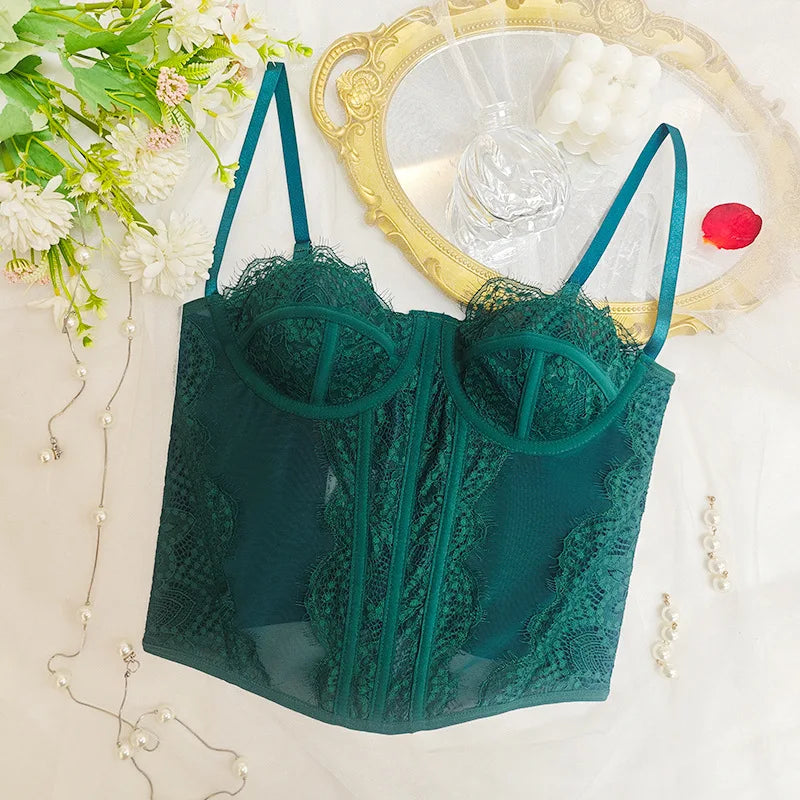 Women's Sheer Mesh Corset Top – Lace Trimmed Spaghetti Strap Bustier Cami - Harmony Haven - Essentials
