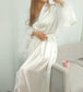 Women's Luxury Silk Feather Boudoir Robe – Long Bridal Kimono Maxi Dress - Harmony Haven - Essentials
