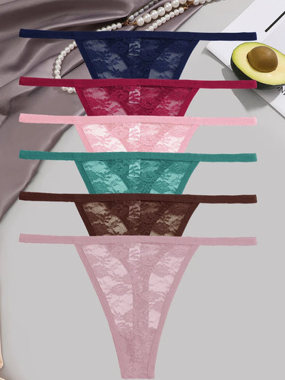 6-Piece Women's Lace Thong Set – Sexy Breathable Low-Rise G-Strings - Harmony Haven - Essentials