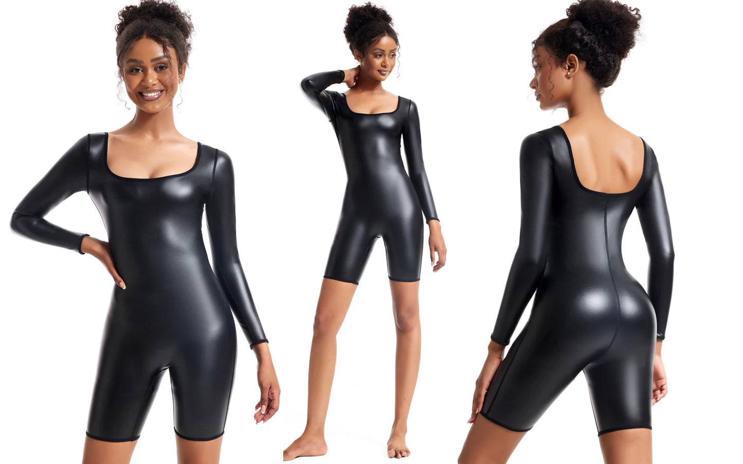 Women's Premium Faux Leather Full-Body Bodysuit – Sleek U-Neck Sleeveless Jumpsuit - Harmony Haven - Essentials