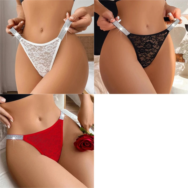 3PCS Women’s Lace G String Panties – Rhinestone Strap Sheer Floral Thongs - Harmony Haven - Essentials