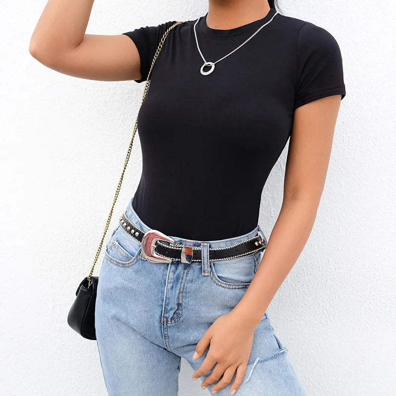 Women's Short Sleeve Cotton-Blend Bodysuit – High-Stretch Casual Bodycon Top - Harmony Haven - Essentials