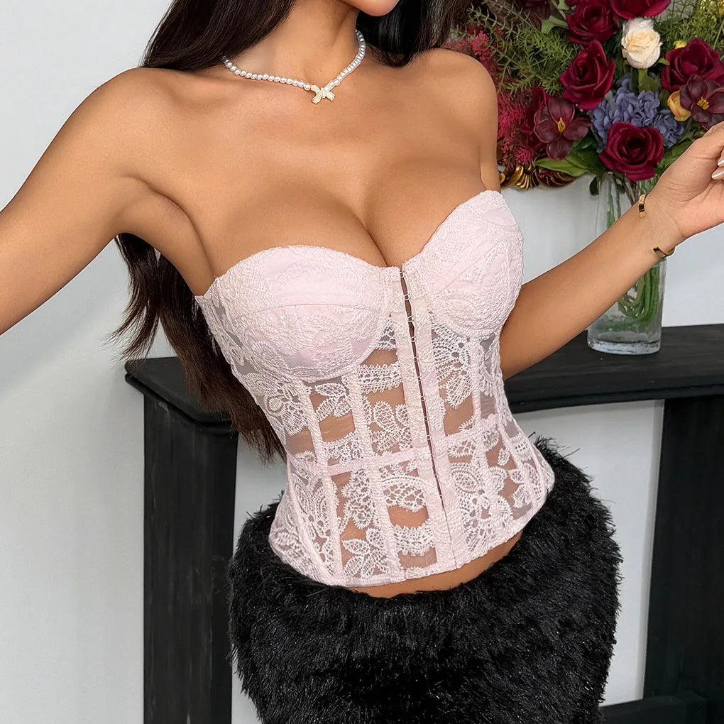 Women's Embroidered Lace Fishbone Corset Top – Strapless Backless Bustier Crop Top - Harmony Haven - Essentials