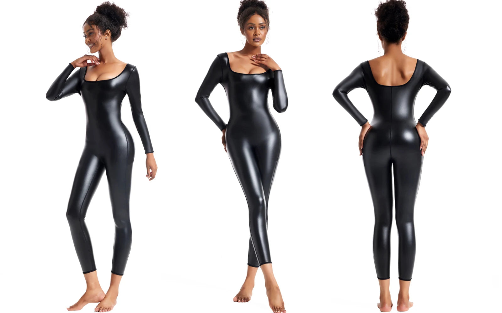 Women's Premium Faux Leather Full-Body Bodysuit – Sleek U-Neck Sleeveless Jumpsuit - Harmony Haven - Essentials