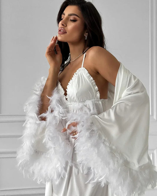 Women's Elegant Satin Bridal Morning Robe – Sheer Lace Accented Kimono Nightwear - Harmony Haven - Essentials