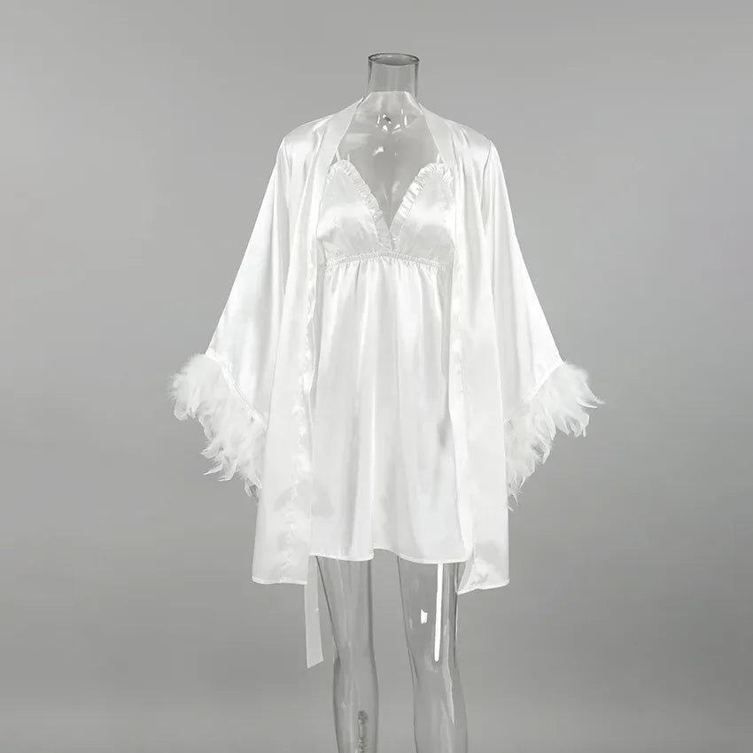 Women's Elegant Satin Bridal Morning Robe – Sheer Lace Accented Kimono Nightwear - Harmony Haven - Essentials