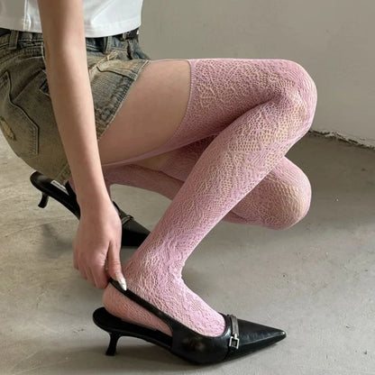 Women's Floral Mesh Fishnet Tights – Elegant Purple Sheer Stockings - Harmony Haven - Essentials