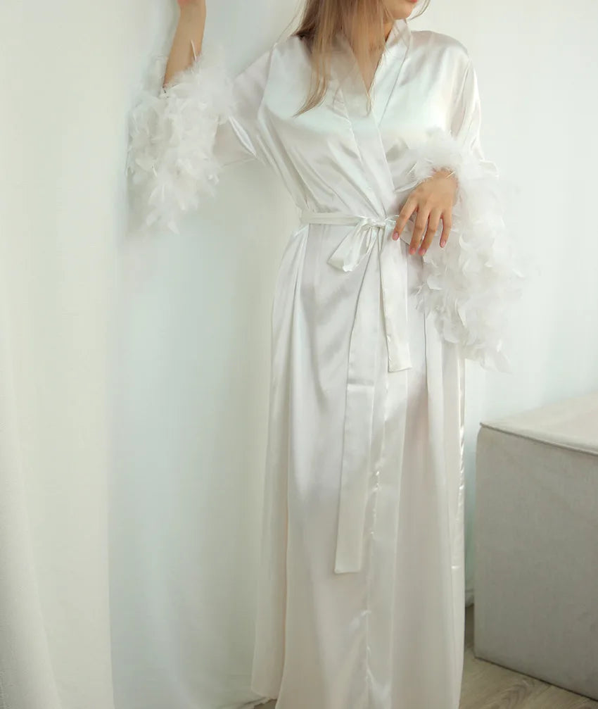 Women's Luxury Silk Feather Boudoir Robe – Long Bridal Kimono Maxi Dress - Harmony Haven - Essentials