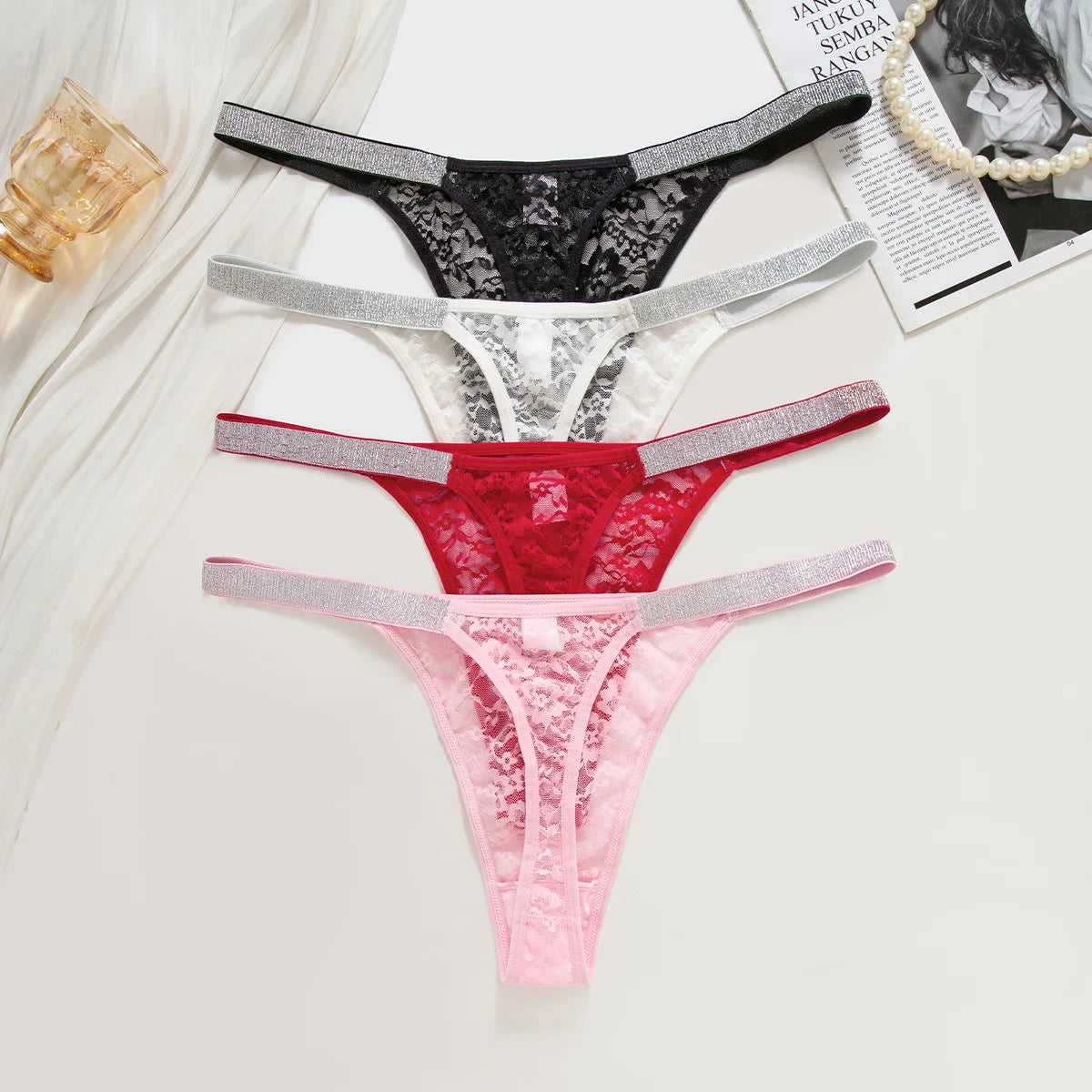 3PCS Women’s Lace G String Panties – Rhinestone Strap Sheer Floral Thongs - Harmony Haven - Essentials