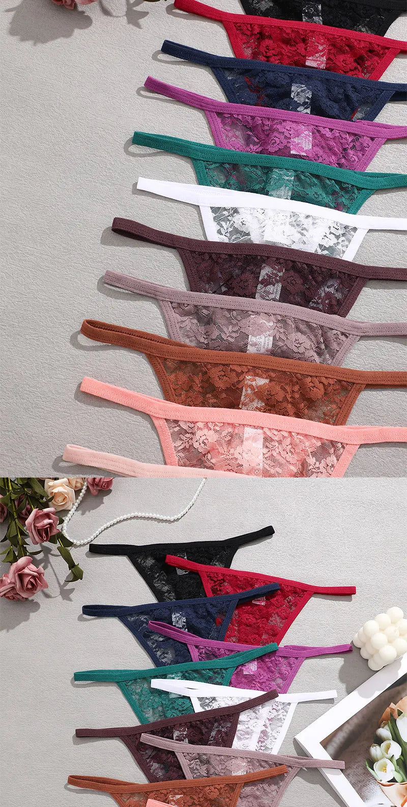 6-Piece Women's Lace Thong Set – Sexy Breathable Low-Rise G-Strings - Harmony Haven - Essentials